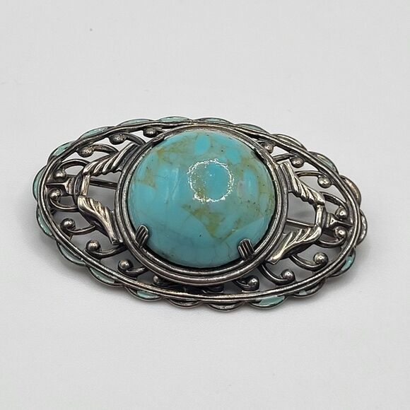 Sterling Turquoise Southwestern Brooch Pin Filigree 2in - Picture 1 of 3